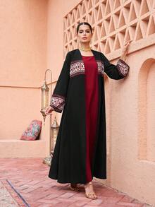 Al Najma Retro Print Patchwork Light Apricot Abayas - Black - View 7