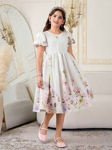 Tween Girls Elegant Floral Print Spring Princess Dress - Multicolor - View 4