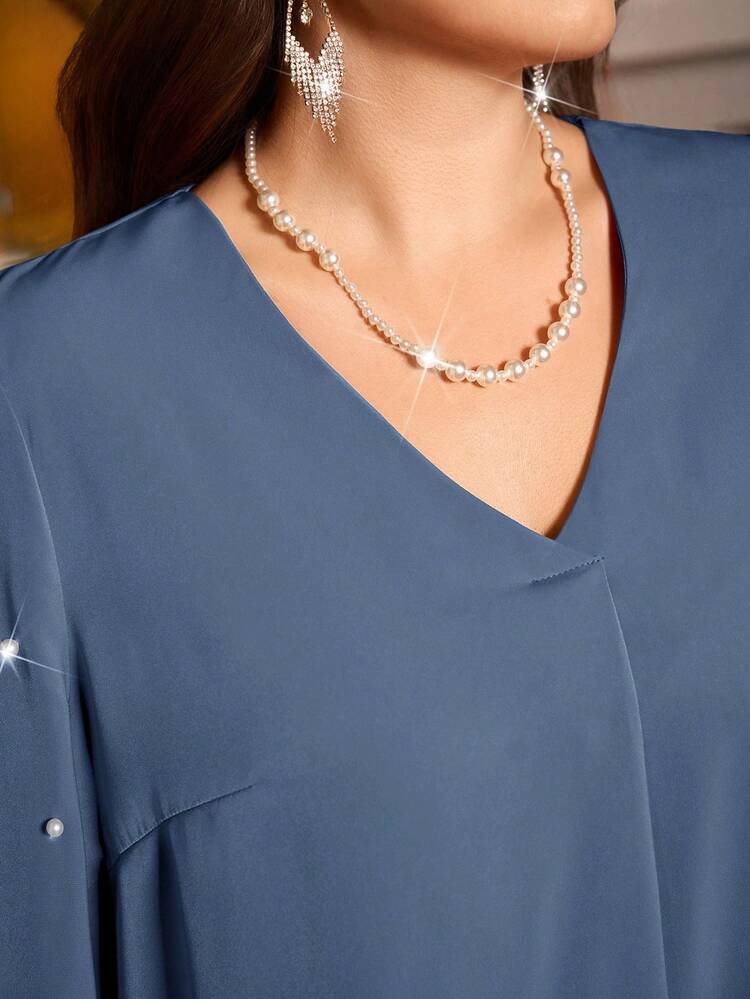 Plus Size Elegant V-Neck Beaded Decoration Blouse Plus Size Blue Blouse Blue Blouse For Women Plus Size Tops/Summer/Spring/Vacation