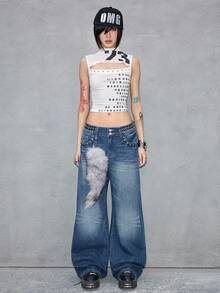 ROMWE Avant 复古做旧铆钉设计女士宽松低腰喇叭牛仔裤 - 藏蓝色 - 查看 2