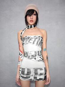 J-Fashion 女士性感Y3K前卫Logo图案透视迷你抹胸连衣裙 - 白色 - 查看 5
