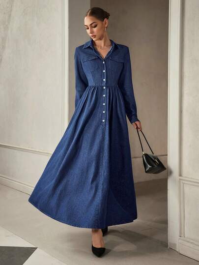 Selenza Women's Long Sleeve Single-Breasted Casual Denim Shirt Dress