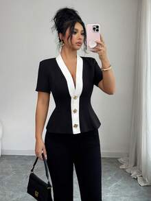 Rafferiza 时尚、优雅、百搭的修身黑白拼接衬衫，配金属扣饰，女士短袖春夏衬衫，女士优雅衬衫，女士复古衬衫，女士休闲通勤衬衫，女士夏季衬衫，女士优雅衬衫，女士外出衬衫，女士休闲通勤衬衫，优雅衬衫，女士职业衬衫 - 黑與白 - 查看 5