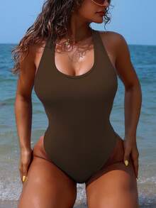 Swim SXY Traje de baño de una pieza con espalda descubierta, retorcido y fruncido en un solo color, ropa de playa sexy para el verano - Marrón - Ver 7