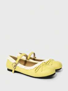 ROMWE Kawaii 女士时尚甜美蕾丝边蝴蝶结装饰平底鞋，圣诞节必备 - 黃色布面+蕾絲花邊 - 查看 3