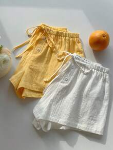 SHEIN EZwear 2条装100%水洗棉女士宽松休闲短裤，马卡龙奶油色和柠檬黄，适合夏季、度假、情人节、海滩度假、春季郊游 - 彩色 - 查看 3