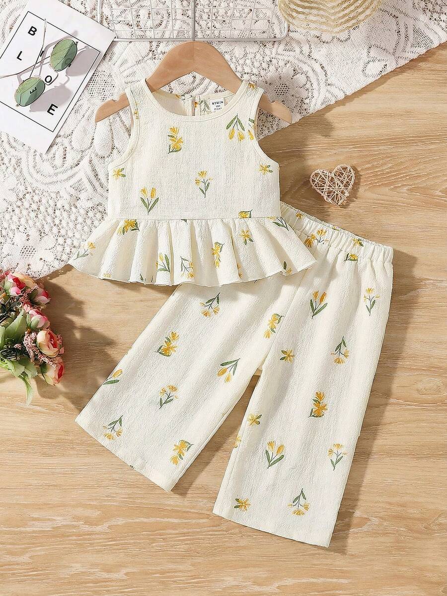 SHEIN Baby Mädchen Sommer süßes einfarbiges strukturiertes ärmelloses Top und Hose mit elastischem Bund - Verschiedenfarbig - Übersicht 1