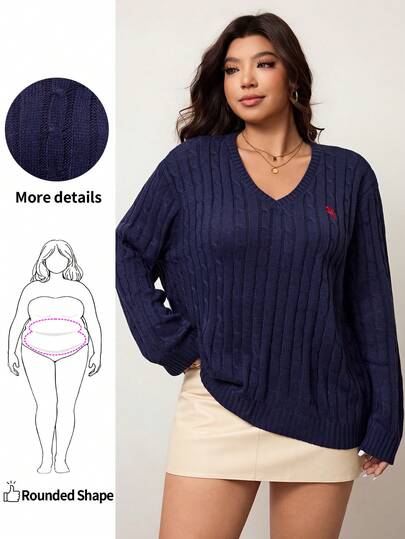 Enliva Plus Size Casual V-Neck Textured Knit Sweater With Embroidered Patterns Navycore Outfits Homecoming Pullover Sweater Cable Knit Sweater Embroidered Sweater Fall Clothes For Women Business Casual Woman Old Money Style Women Autumn, For Apple & Rounded Body Shape