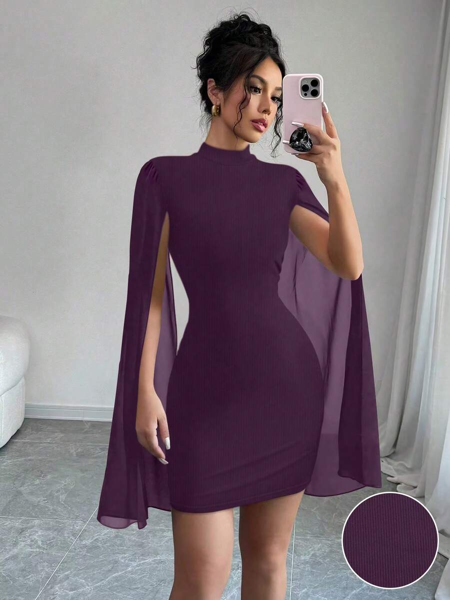 Elenzga petite Women's Mandarin Collar Chiffon Cape Bodycon Mini Dress ...