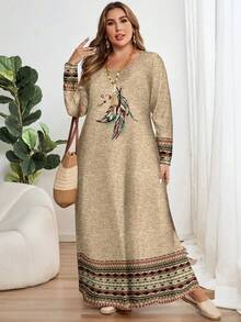 EMERY ROSE Vestido casual y elegante de manga larga con cuello redondo y estampado floral vintage, adecuado para primavera, tallas grandes para mujeres - Multicolor - Ver 5