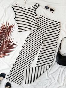 Teen Girls' Fashion Casual Asymmetric Striped Texture Black White Apricot Striped Cropped Off-Shoulder T-Shirt And Pants 2-Piece Set - Black and White - View 1