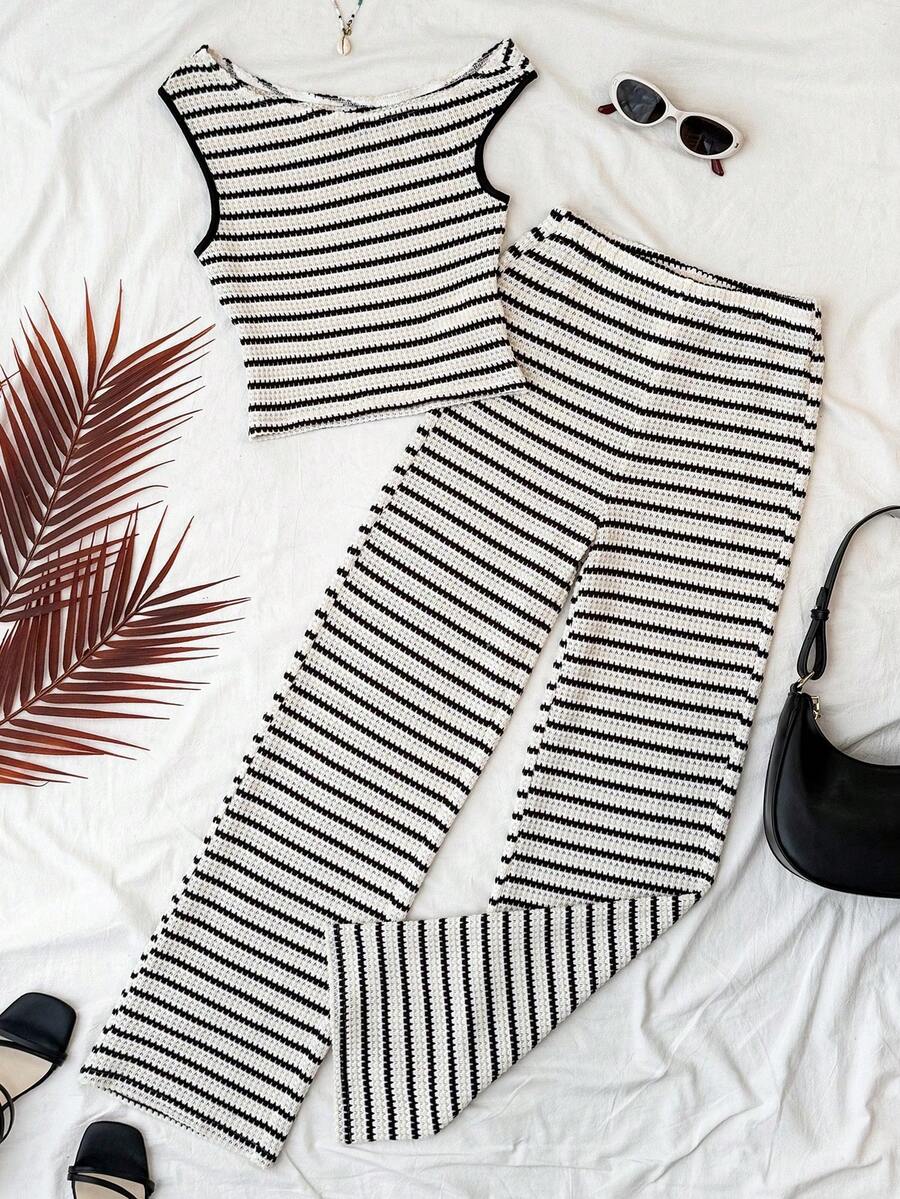 Teen Girls' Fashion Casual Asymmetric Striped Texture Black White Apricot Striped Cropped Off-Shoulder T-Shirt And Pants 2-Piece Set - Black and White - View 1