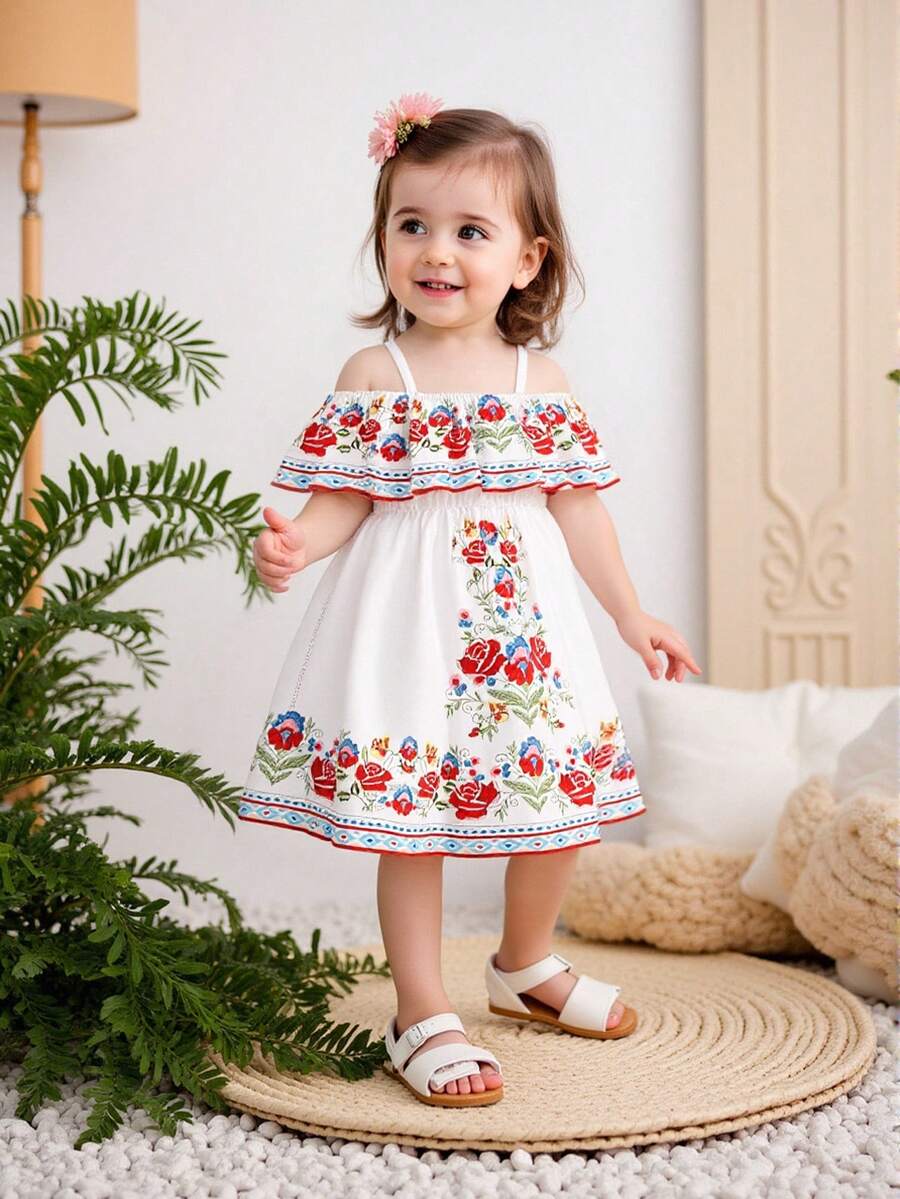 SHEIN 女婴无袖露肩墨西哥连衣裙，夏季 - 白色 - 查看 1