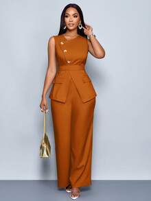 SOLERSUN 两件套女士休闲时尚日常百搭不对称领无袖不对称下摆上衣和高腰阔腿裤，配腰带 - 鏽棕色 - 查看 6