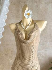 Soleia 女士夏季度假沙滩垂褶领露背罩衫连衣裙 - 卡其色 - 查看 3