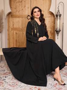 Al Najma Plus Size Women V-Neck Tassel Decor Casual Daily Wear Long Sleeve Arabic Robe - Black - View 4