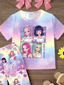 春夏秋季女童休闲时尚创意个性清新简约彩色公主风女童团体图案，星星、月亮、爱心、钻石、渐变、字母印花宽松T恤和喇叭裤套装，舒适日常穿着，温暖的夏秋风格女童家居服套装，少女裤装套装，女童套装 - 彩色 - 查看 4