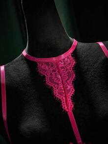 SpicyHot 2pcs/Set Women's Sexy Lace Trim Lingerie Set, Rose Red - Hot Pink - View 3