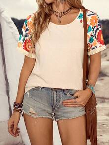 LanaWest T-shirt ample à manches courtes, col rond, en tricot, avec patchwork floral, pour femmes, style western décontracté. Coupe régulière, avec franges, pour festival de musique - Nude - Voir 3