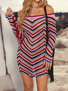 LanaWest 女士西部休闲露肩镂空彩虹条纹袖流苏音乐节修身毛衣连衣裙 - 彩色 - 查看 1
