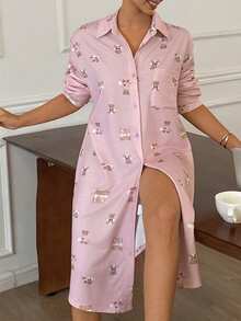 DAZY Women's Lapel Single-Breasted Bear Print Long Sleeve Casual Everyday Lounge Dress - Pink - View 4