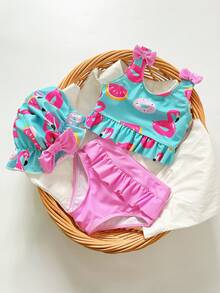 Baby Girls Flamingo Print Swimsuit Set With Ruffled Trim, Cute For Swimming & Vacation, With Hat - Multicolor - View 1