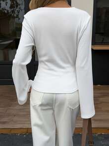 Siren Gaze Deep V Pleated Long Sleeve Fitted Women T-Shirt, Fashion Commuter Waist Pleated Asymmetric Hem Flare Sleeve V-Neck Ladies Top, Autumn/Winter Blouse, Elegant Pleated Women Top Spring - White - View 2