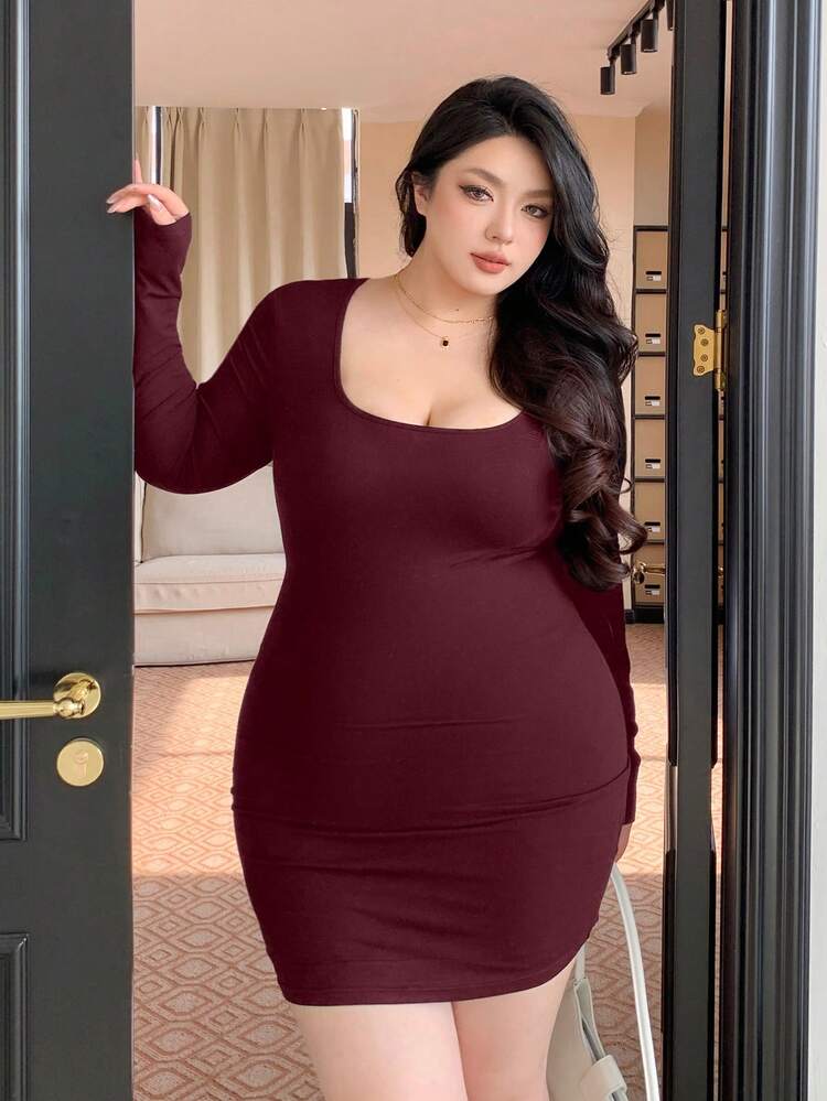 Dazy Plus Plus Size Solid Color Bodycon Square Neck Long Sleeve Mini Dress, Spring/Summer Sundress