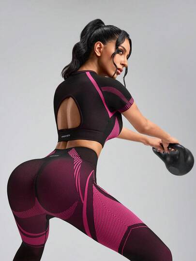 Innovista 可拆卸衬垫，可调节撞色镂空性感露背瑜伽/舞蹈短袖运动T恤，无缝黑/粉线条图案短袖露脐上衣，露背设计，可拆卸衬垫，支撑压缩，透气弹力，塑形贴合，适合健身/瑜伽/普拉提/跑步，休闲运动风，GymTok辣妹风运动时尚