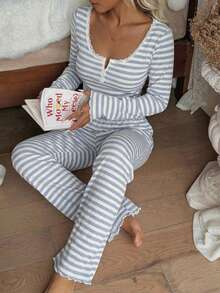 ZzzCrew Lace Trim Square Collar 2-Button Striped Print Long Sleeve Pajama Set
