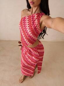 Glamine 2pc Romantic Vacation Crop Top + Bodycon Mini Skirt 2 Pieces Set For Women Long Dress With Slit Long Dress Summer Bohemian Patchwork Color-Blocking Jacquard Sets Suitable For Beach & Casual Vacation One Shoulder Summer  2pc - Multicolor - View 1