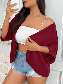 SHEIN EZwear Summer Short Thin Lightweight Textured Plus Size Short Jacket In Fall/Winter Women's Cardigan Summer Cardigan - Burgundy - View 4