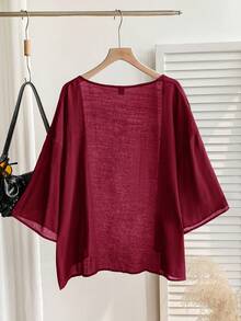 SHEIN EZwear Summer Short Thin Lightweight Textured Plus Size Short Jacket In Fall/Winter Women's Cardigan Summer Cardigan - Burgundy - View 7