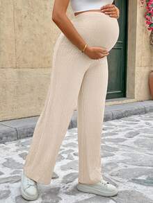 SHEIN Maternity Casual Solid Color Adjustable Waist Pants - Khaki - View 4