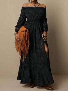 SHEIN LUNE 大码女式露肩荷叶边拼接灯笼袖休闲连衣裙，适合派对和假日穿着 - 黑色 - 查看 7