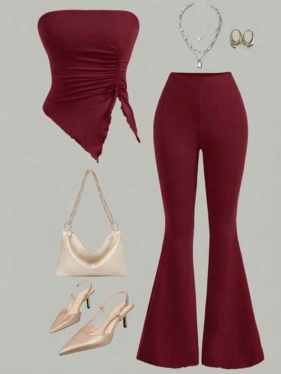 SHEIN Girlism 2pcs/Set Teen Girl Ruched Bandeau Top And Flare Pants