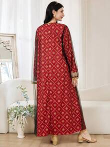 少女网纱长袖外套和印花长袖连衣裙套装 - 紅色 - 查看 2