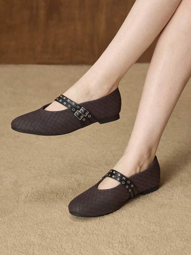 WOMEN'S FASHION COMMUTER TEXTURED DOUBLE BUCKLE STRAPS DETAIL ROUND TOE SHOES VALENTINE'S DAY