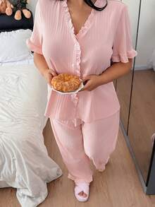 SHEIN Plus Size Pink Ribbed Jacquard Ruffle Trim Cardigan & Pants Pajama Set - Baby Pink - View 6