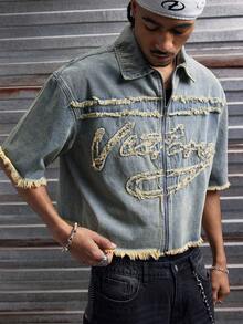 AXEPEAK Chaqueta de moda con bordado y aplicaciones lavadas para hombre - Azul - Ver 3