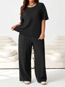 Solflare Plus Size Women's Casual Everyday Commute Simple Solid Color Ribbed Knit Short Sleeve Top And Wide Leg Pants 2 Pieces Set, Spring/Summer/Autumn - Black - View 6