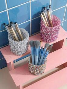 Joivida 1PC Large Capacity Rhinestone Decorated Multifunctional Creative Home Decor Glittering Clear Pen Holder Makeup Brush Organizer Storage Box For Bathroom Vanity Desk Top Office Home Use For Women Luxury Gift Idea Desk Accessory Home Organization - Multicolor - View 2
