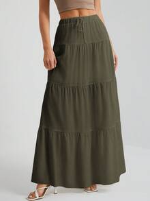 SHEIN Tall 白色梭织女式大下摆白色衬里半身裙，适合度假和外出穿着 - 橄欖綠 - 查看 6