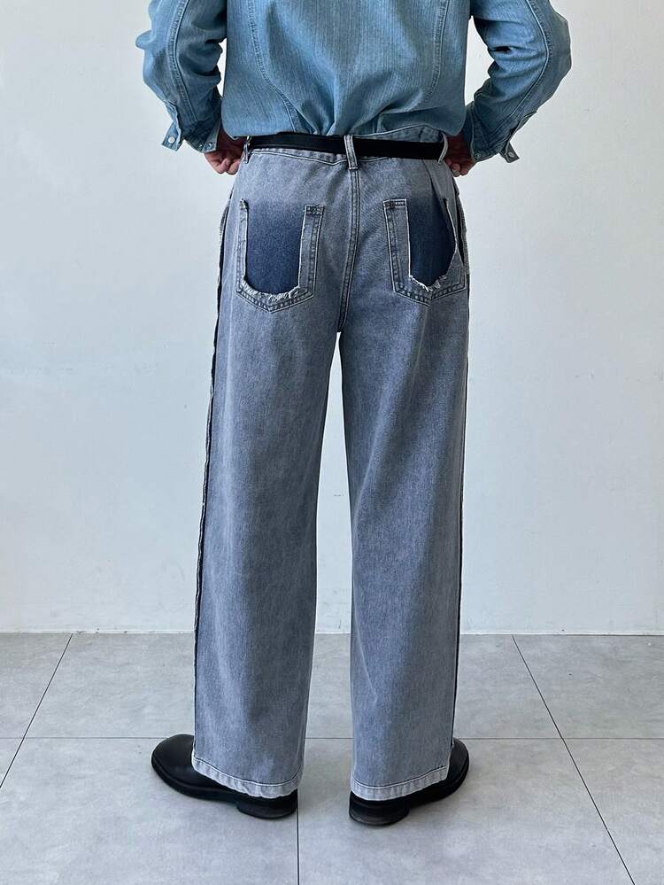 Men's Distressed Patchwork Frayed Hem Washed Denim Jeans, Suitable For Spring And Autumn