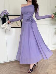 Feyla Women's Solid Color Asymmetric Neckline Ruched Long Sleeve Dress - Purple - View 7
