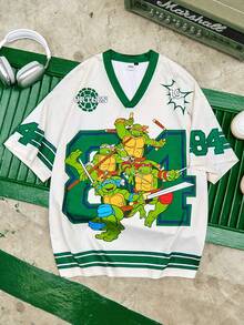 TEENAGE MUTANT NINJA TURTLES | SHEIN Men Casual Loose Knit Colorblock Sporty Graphic V-Neck Short Sleeve T-Shirt - Apricot - View 1