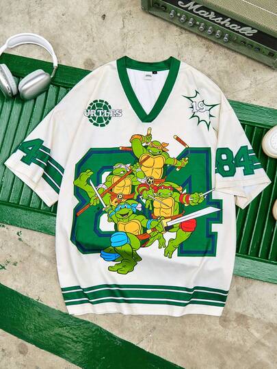 TEENAGE MUTANT NINJA TURTLES | SHEIN Men Casual Loose Knit Colorblock Sporty Graphic V-Neck Short Sleeve T-Shirt