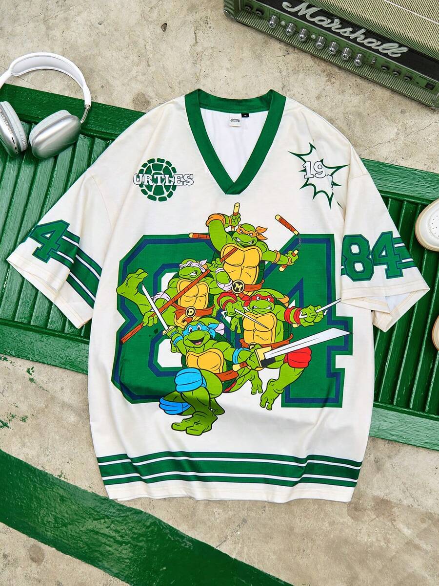 TEENAGE MUTANT NINJA TURTLES | SHEIN Men Casual Loose Knit Colorblock Sporty Graphic V-Neck Short Sleeve T-Shirt - Apricot - View 1
