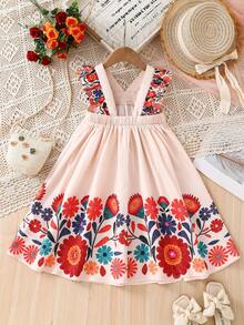 SHEIN Young Girl Ditsy Floral V-Neck Ruffle Hem Casual Dress - Apricot - View 2