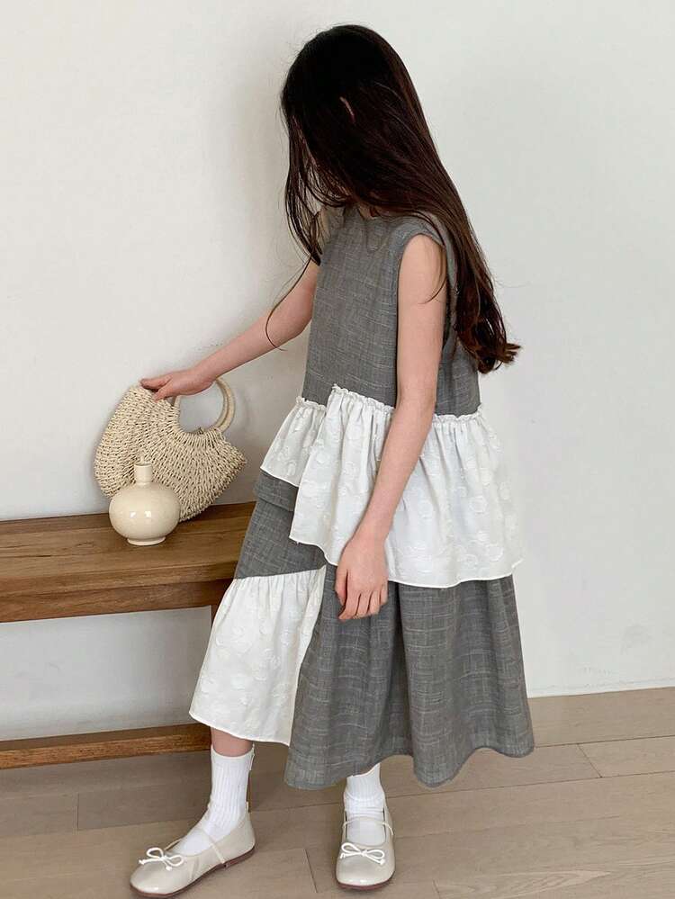 Tween Girl Crew Neck Color Block Irregular Hem Sleeveless Shirt Top And Mini Skirt Casual Outfit, Back To School Season